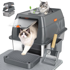 Tevila extra large stainless steel litter box with lid, roomy for big cats.