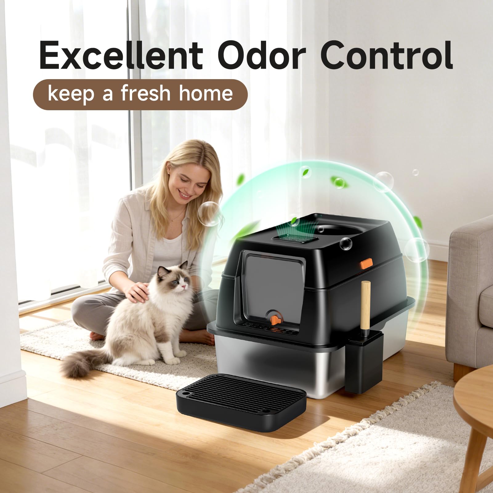 Tevila high-sided enclosed metal cat litter pan ideal for multi-cat households.
