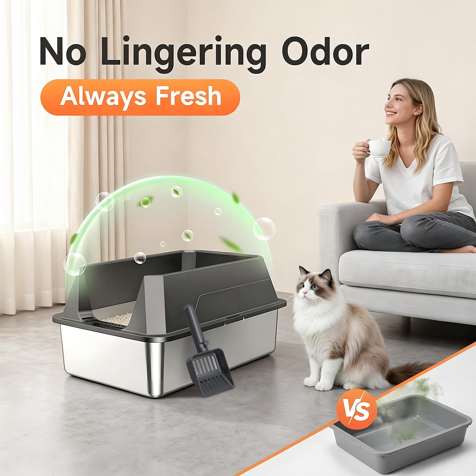 Tevila non-stick stainless steel litter box for easy cleaning