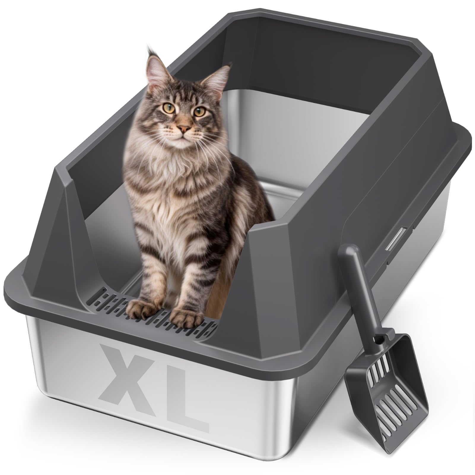 Tevila open-top stainless steel litter box for easy scooping