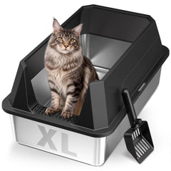 Tevila stainless steel litter box open top shows quick scooping convenience
