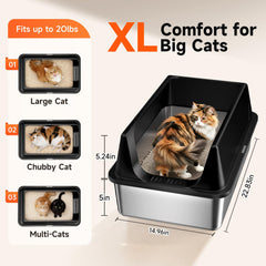 Tevila XL stainless litter box deep pan for comfortable digging and larger cat movement.