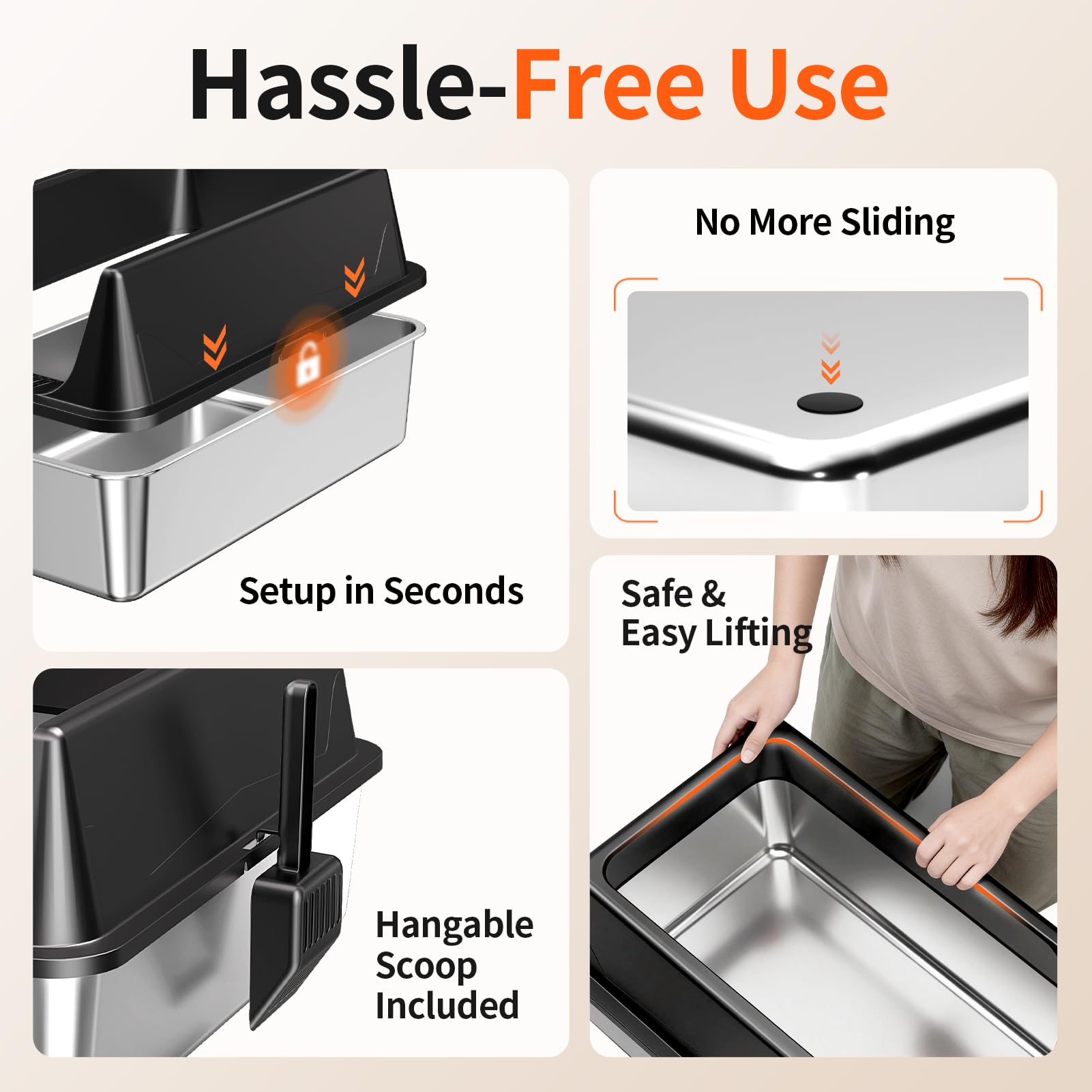 Tevila XL stainless litter box non-stick surface simplifies cleaning and residue removal.