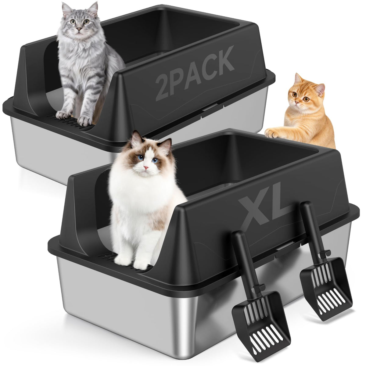 Tevila XL stainless litter box open-top design for easy entry and quick cleaning.