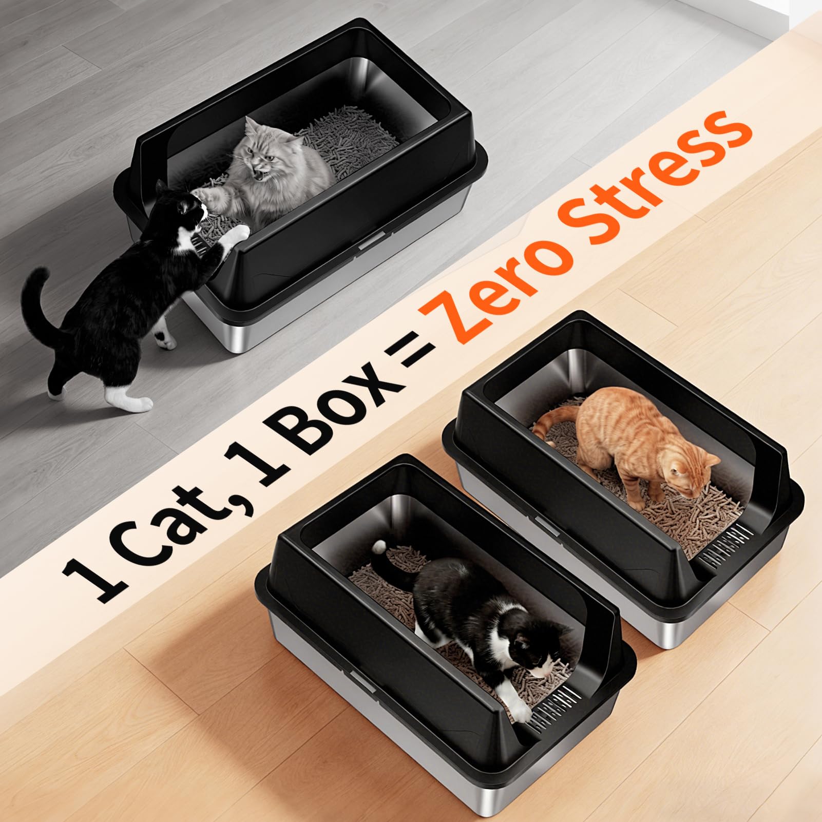 Tevila XL stainless litter box two scoops included for quick cleanup.