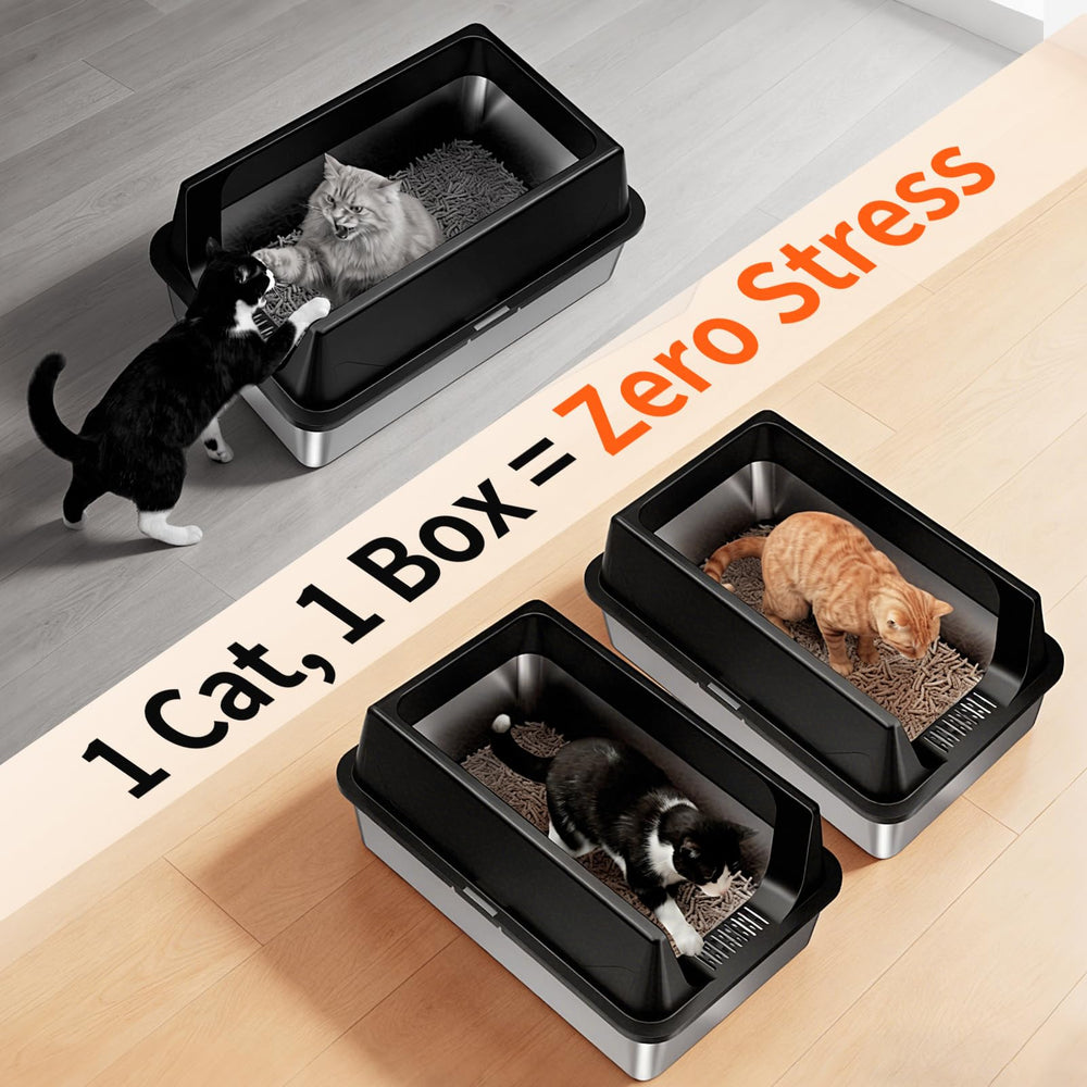 Tevila XL stainless litter box two scoops included for quick cleanup.
