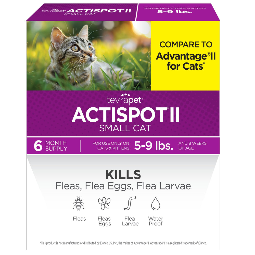 TevraPet Actispot II flea treatment bottle showing waterproof formula for cats.