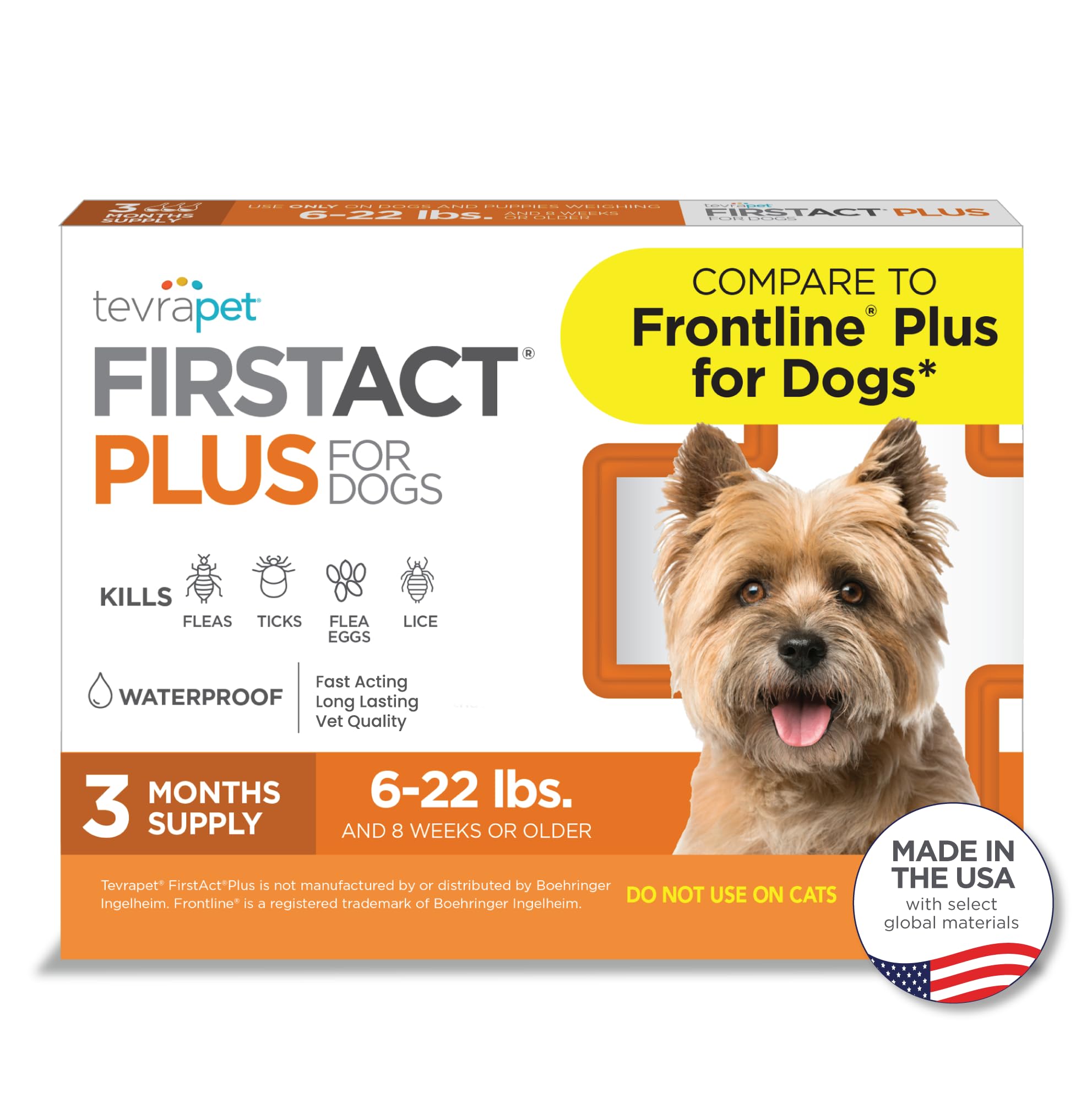 TevraPet FirstAct Plus packaging shows three monthly doses for dogs.