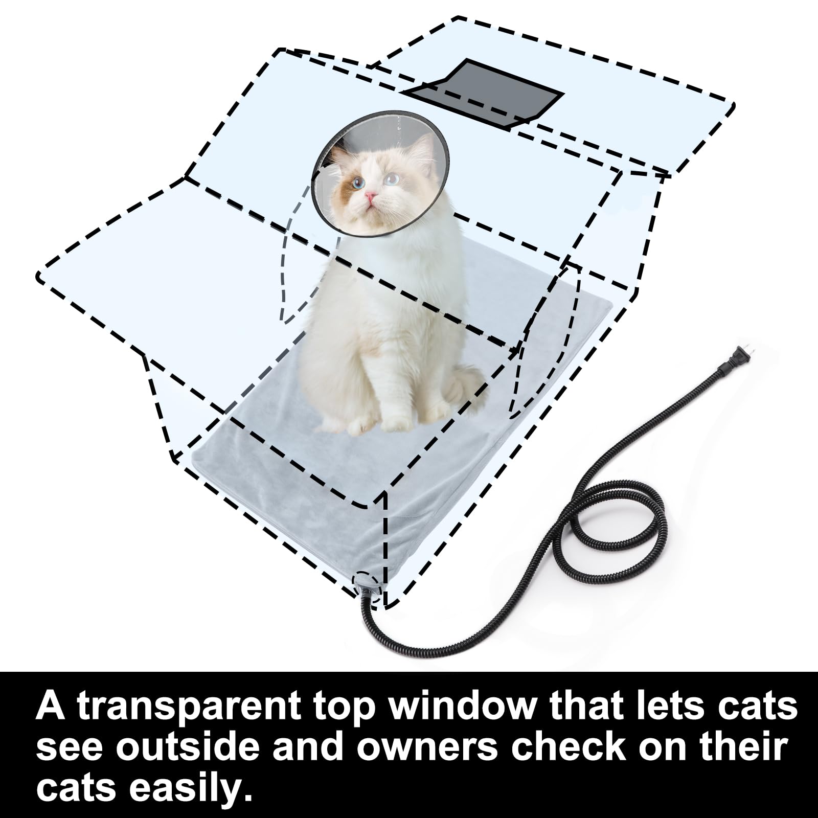 Texsens heated cat house elevated base protects against damp ground and cold surfaces.