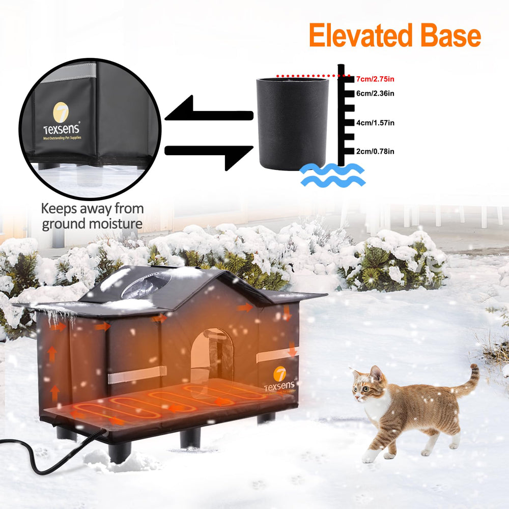 Texsens heated cat house waterproof awning keeps rain out for a dry shelter.