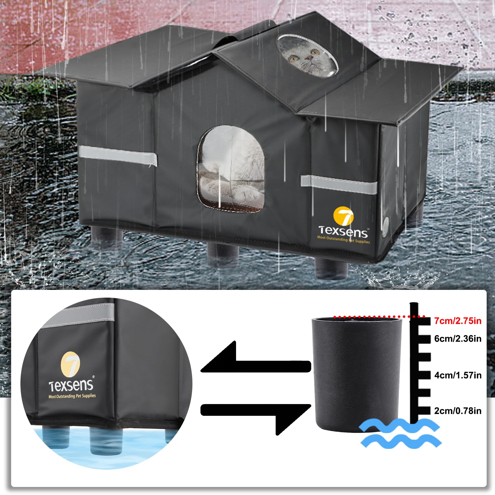 Texsens Outdoor Cat House elevated base keeps rain and snow away