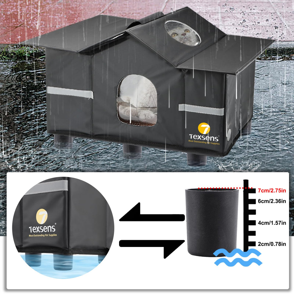 Texsens Outdoor Cat House elevated base keeps rain and snow away
