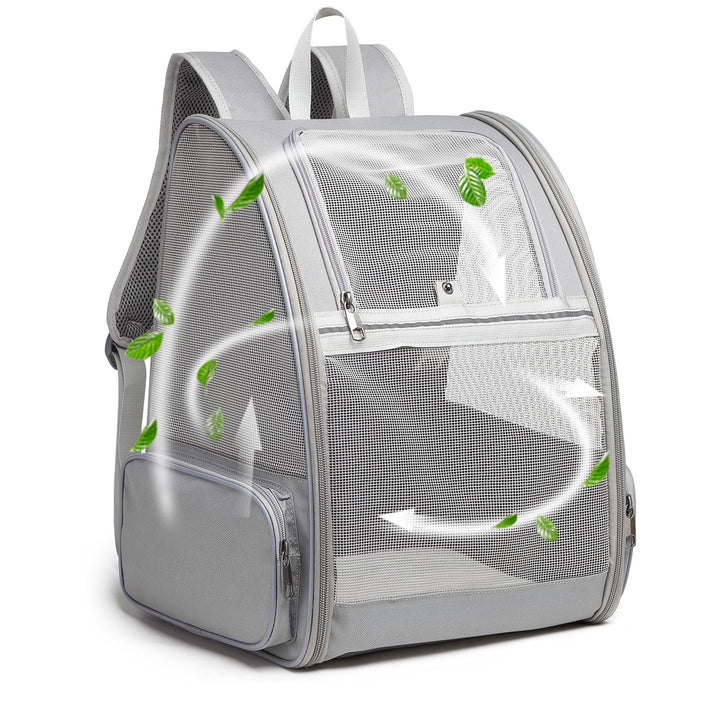 Texsens Pet Backpack front view shows roomy space for small cats and dogs on trips.