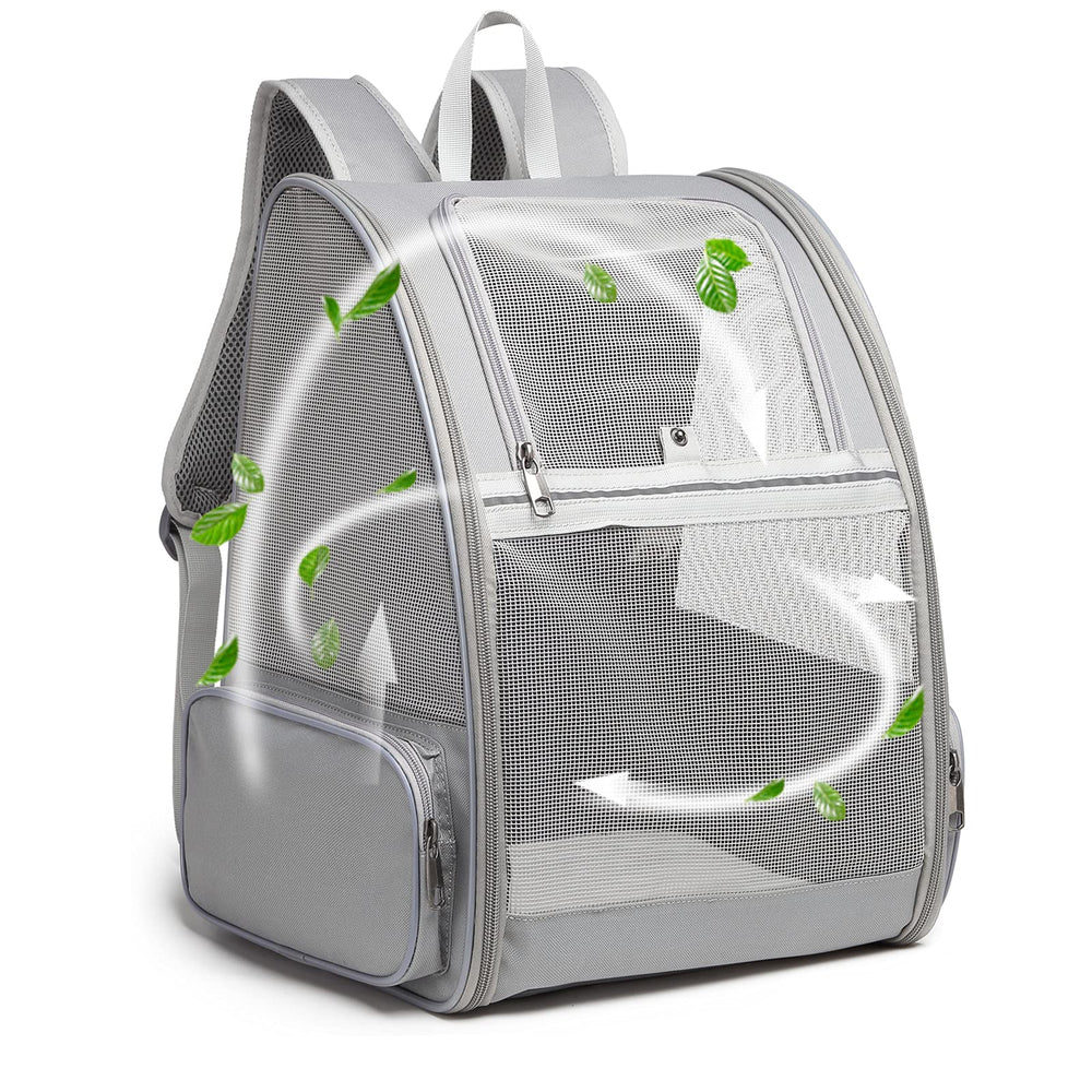 Texsens Pet Backpack front view shows roomy space for small cats and dogs on trips.