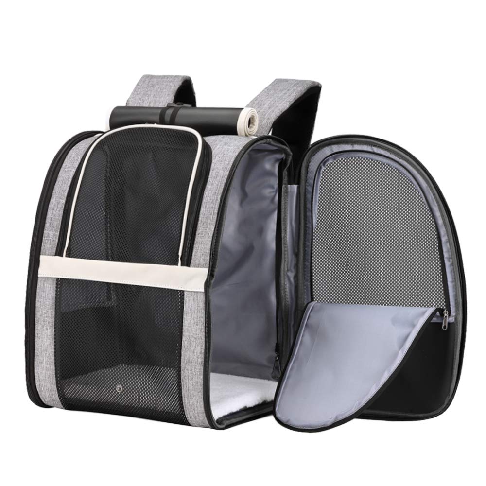Texsens Pet Carrier Backpack with window blind front view, privacy and sun protection for small pets.