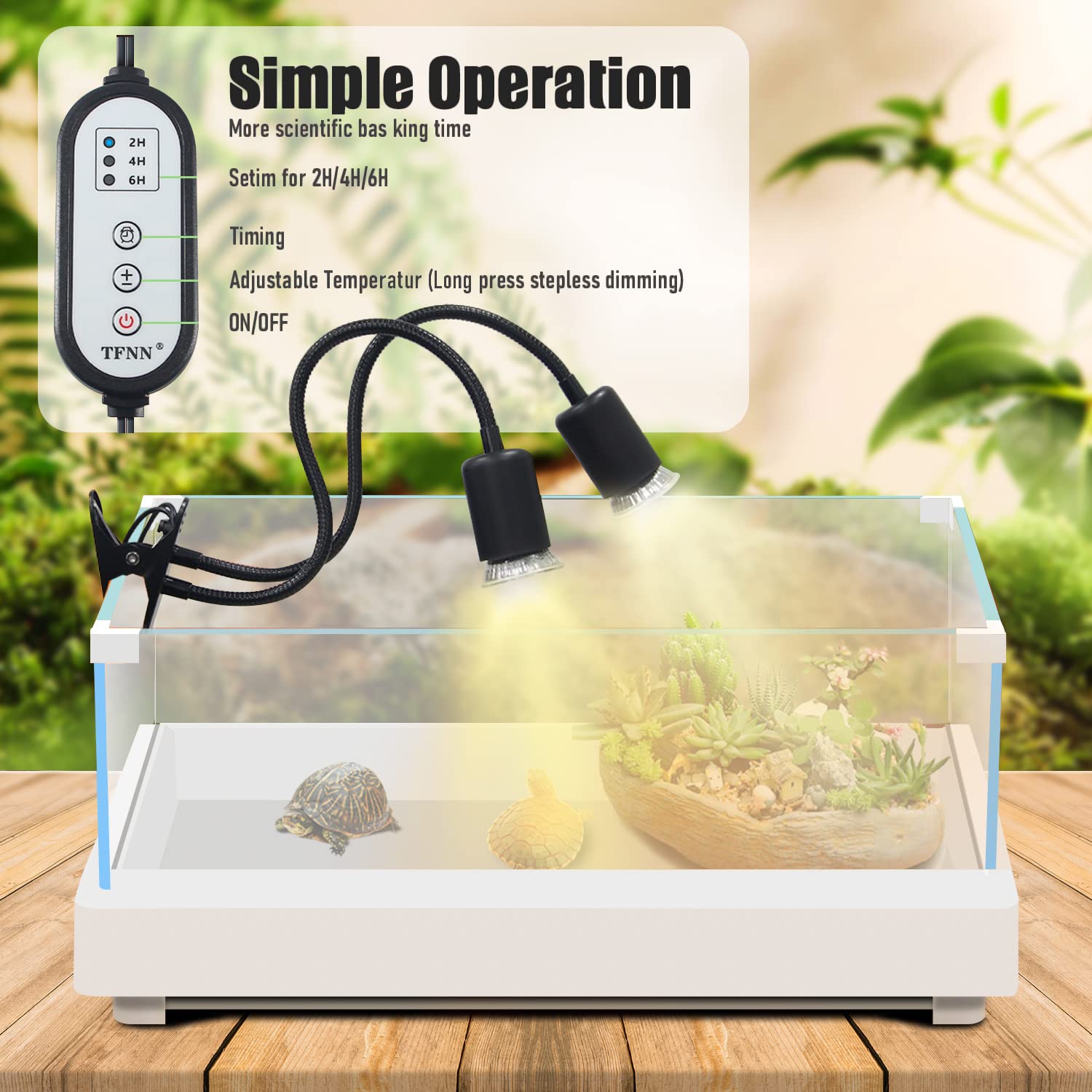 TFNN Reptile Heat Lamp with 360-degree gooseneck for flexible terrarium placement.