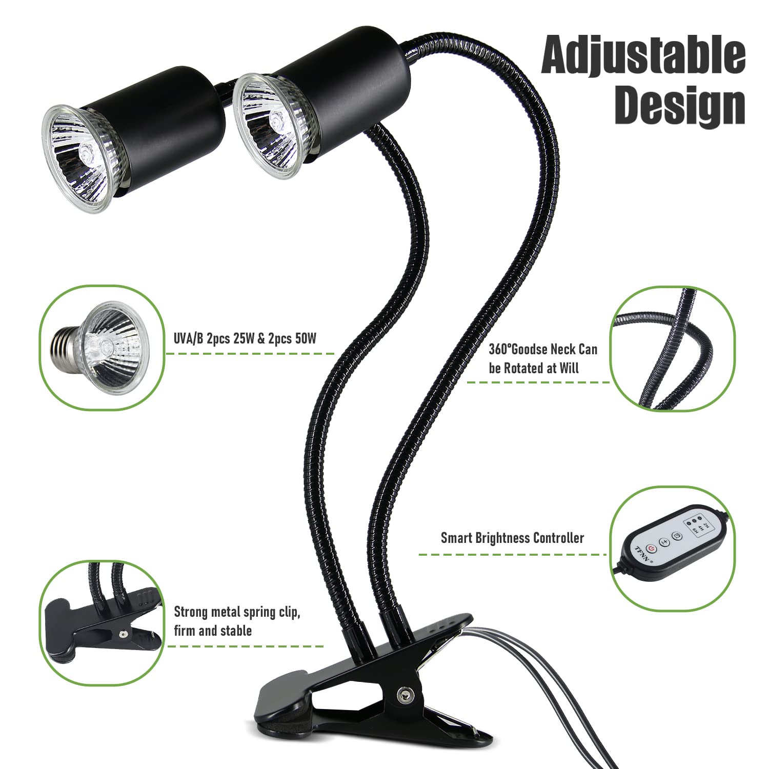 TFNN Reptile Heat Lamp features a strong clamp for secure mounting.