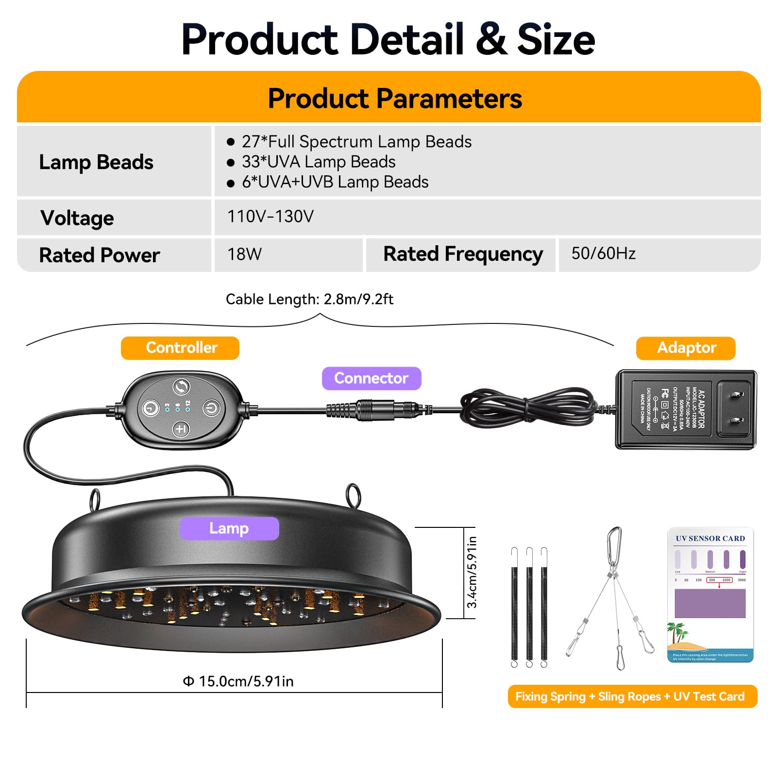 TFNN reptile light fixture 18W long cable extends reach for larger terrariums