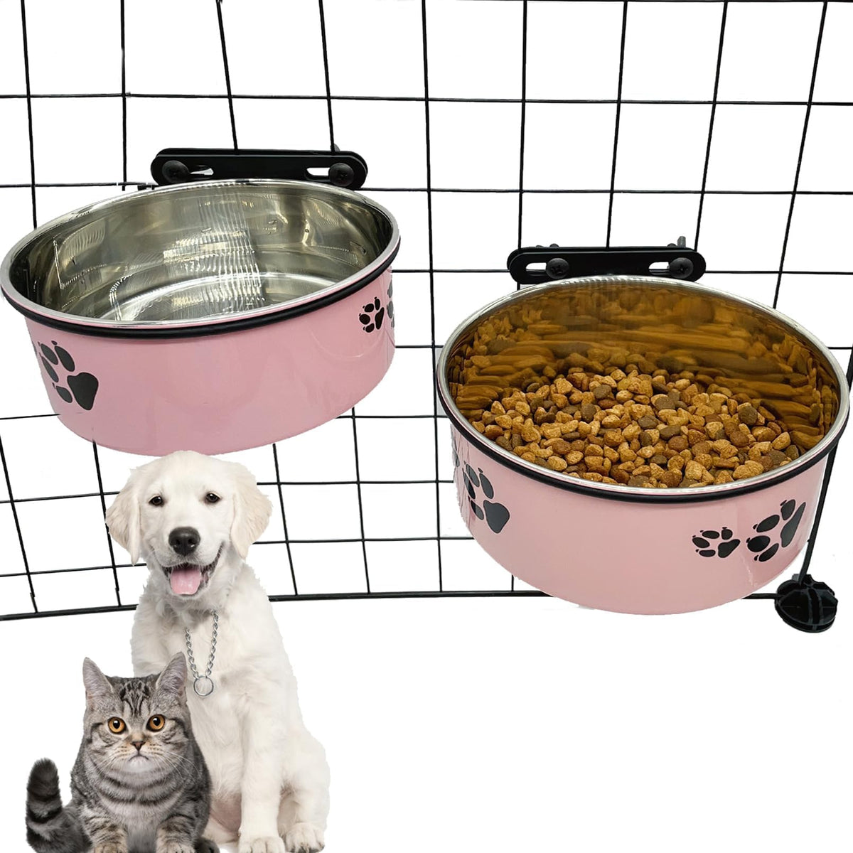 Tfwadmx dog crate pink bowl inside for easy feeding.