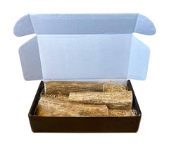 The Antler Box packaging shows 1 lb of organic elk antler chews for natural teeth support