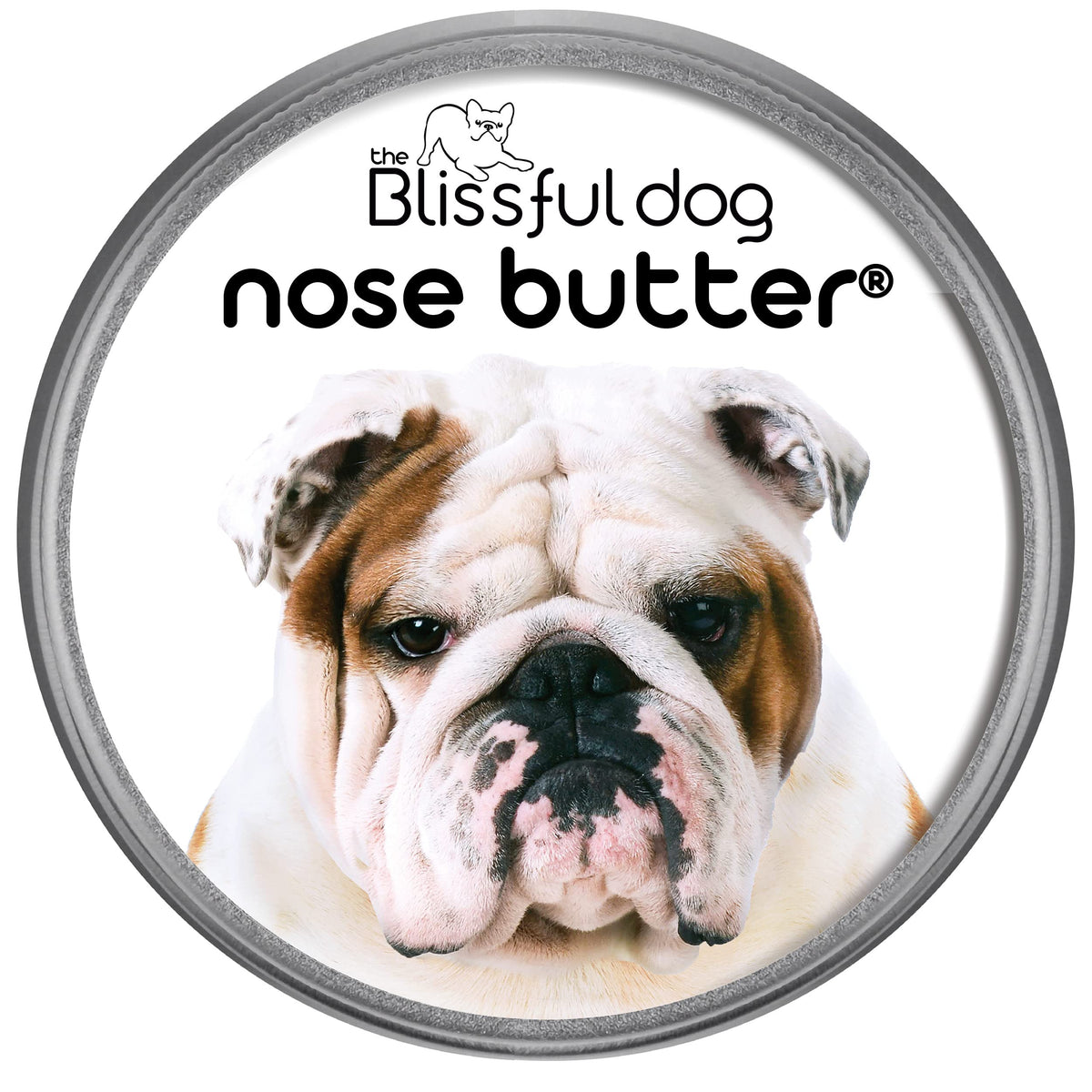 The Blissful Dog Bulldog Nose Butter jar for quick dryness relief on noses