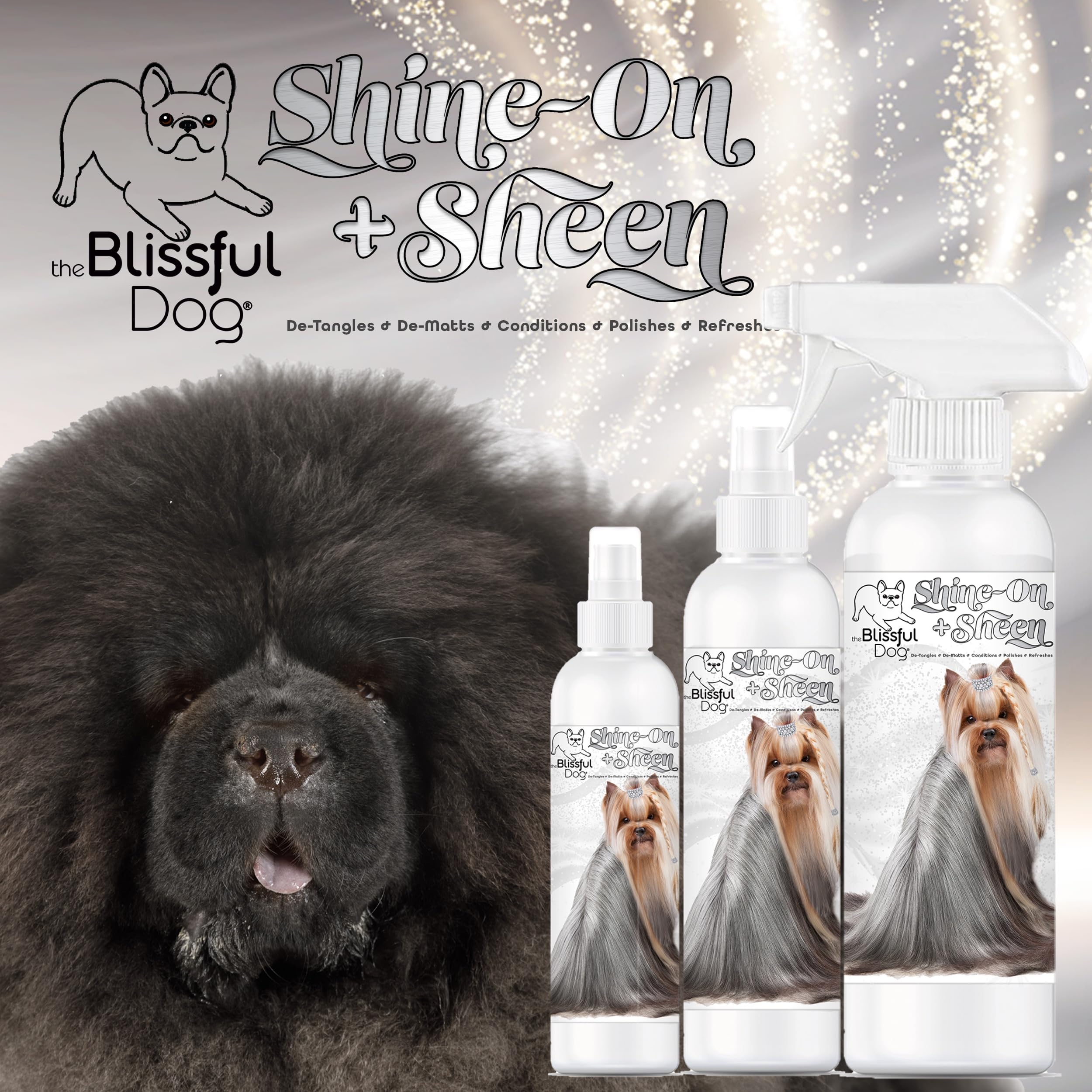 The Blissful Dog Detangler Spray ready-to-use for quick mat release.