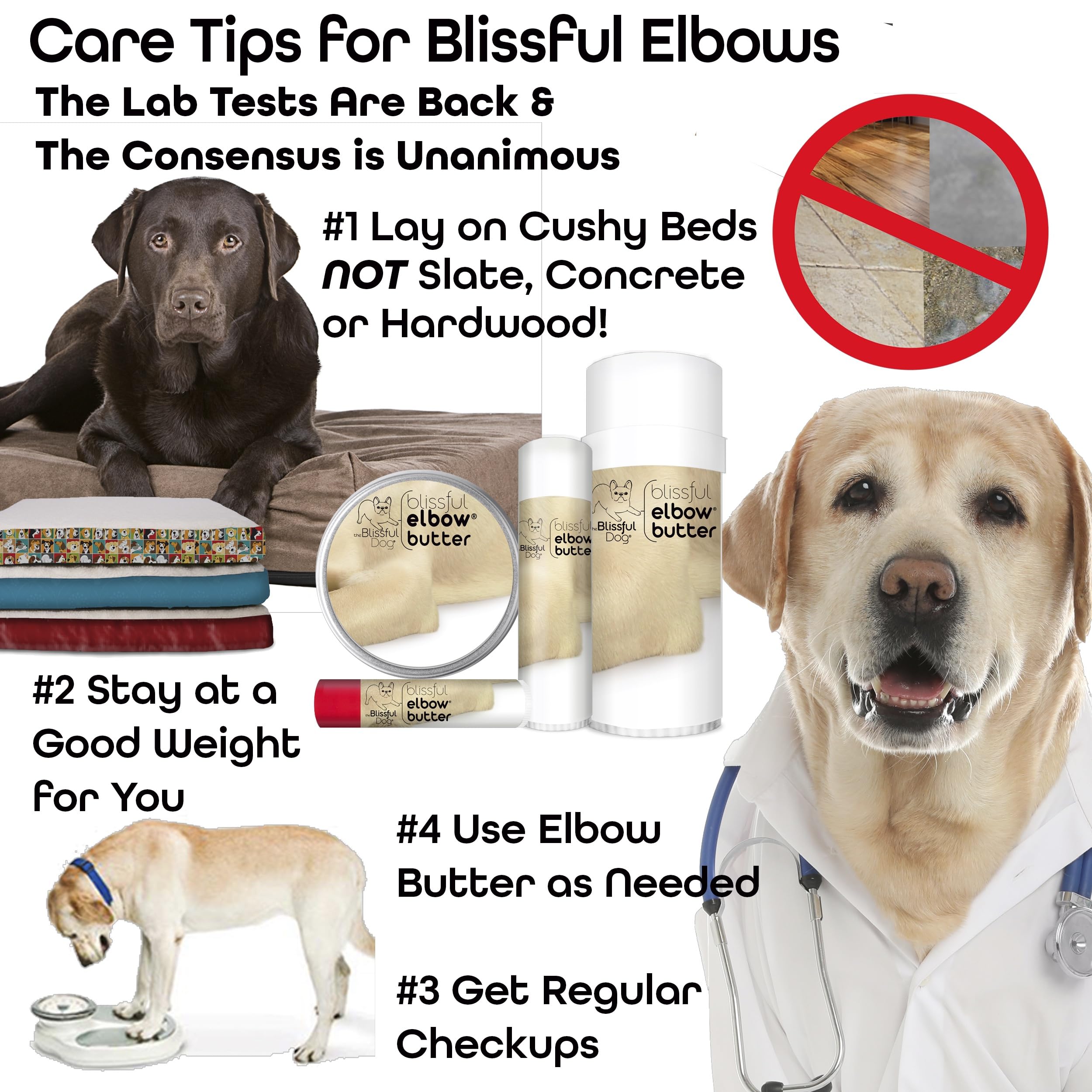 The Blissful Dog Elbow Butter ingredients include Shea, Almond, and Coconut oils