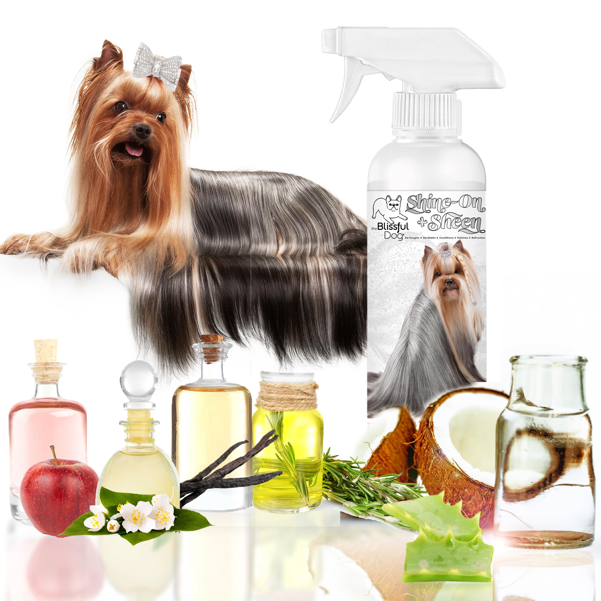 The Blissful Dog Shine-On formula with glycerin and silk nourishes coats.