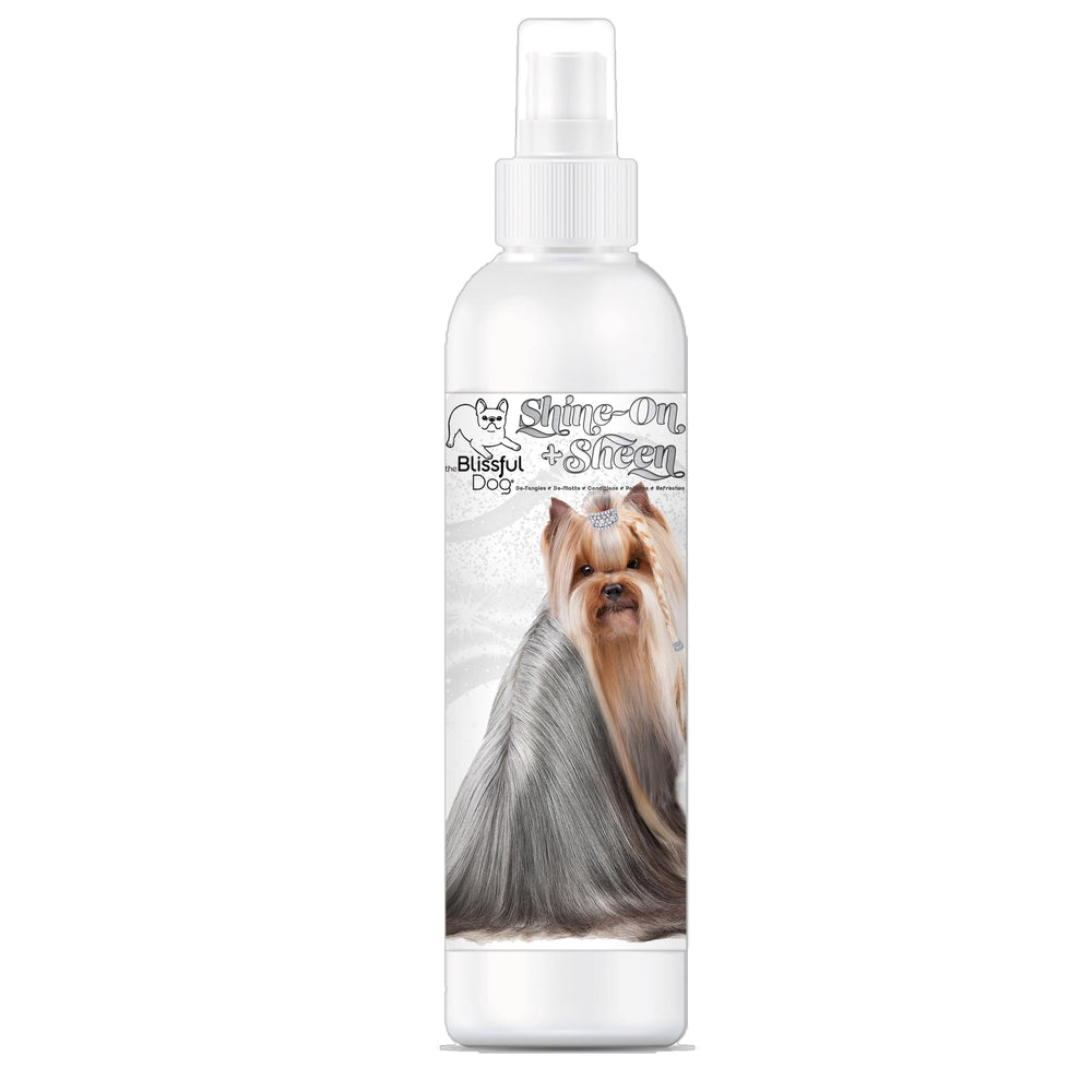 The Blissful Dog Shine-On bottle close-up highlighting detangler for all coats