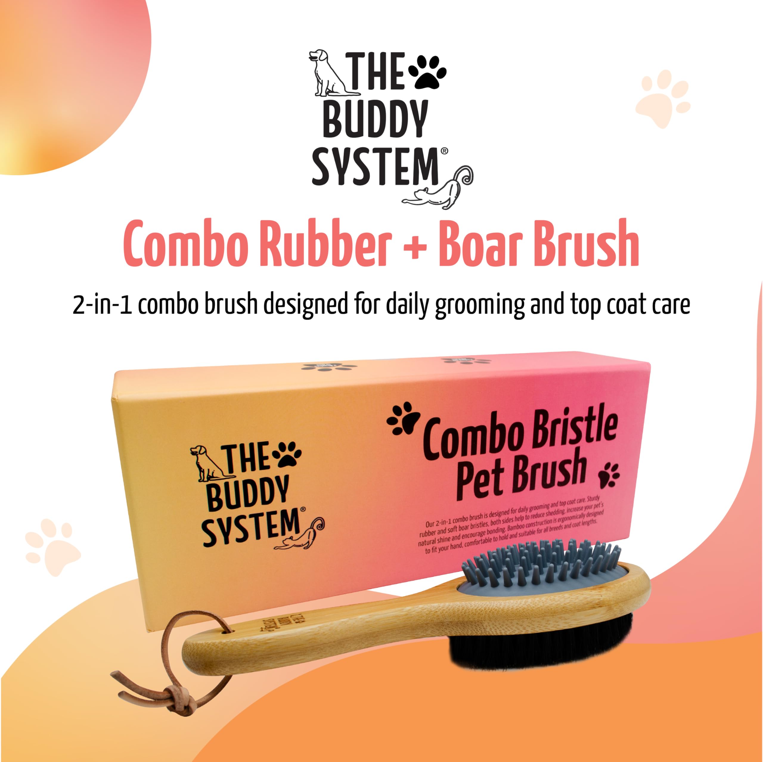 The Buddy System combo bristle pet brush boar bristle side distributes oils.