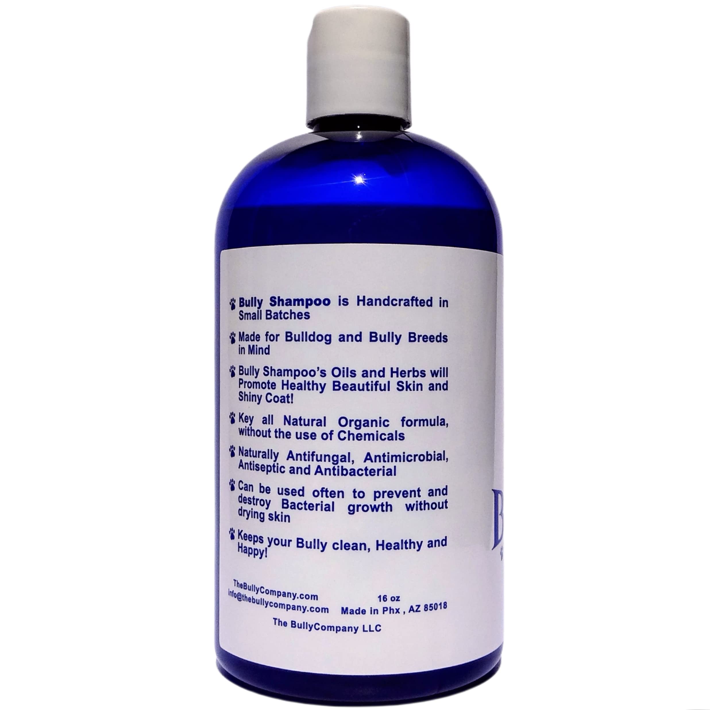 The Bully Company Bully Shampoo label close-up shows USA-made natural ingredients