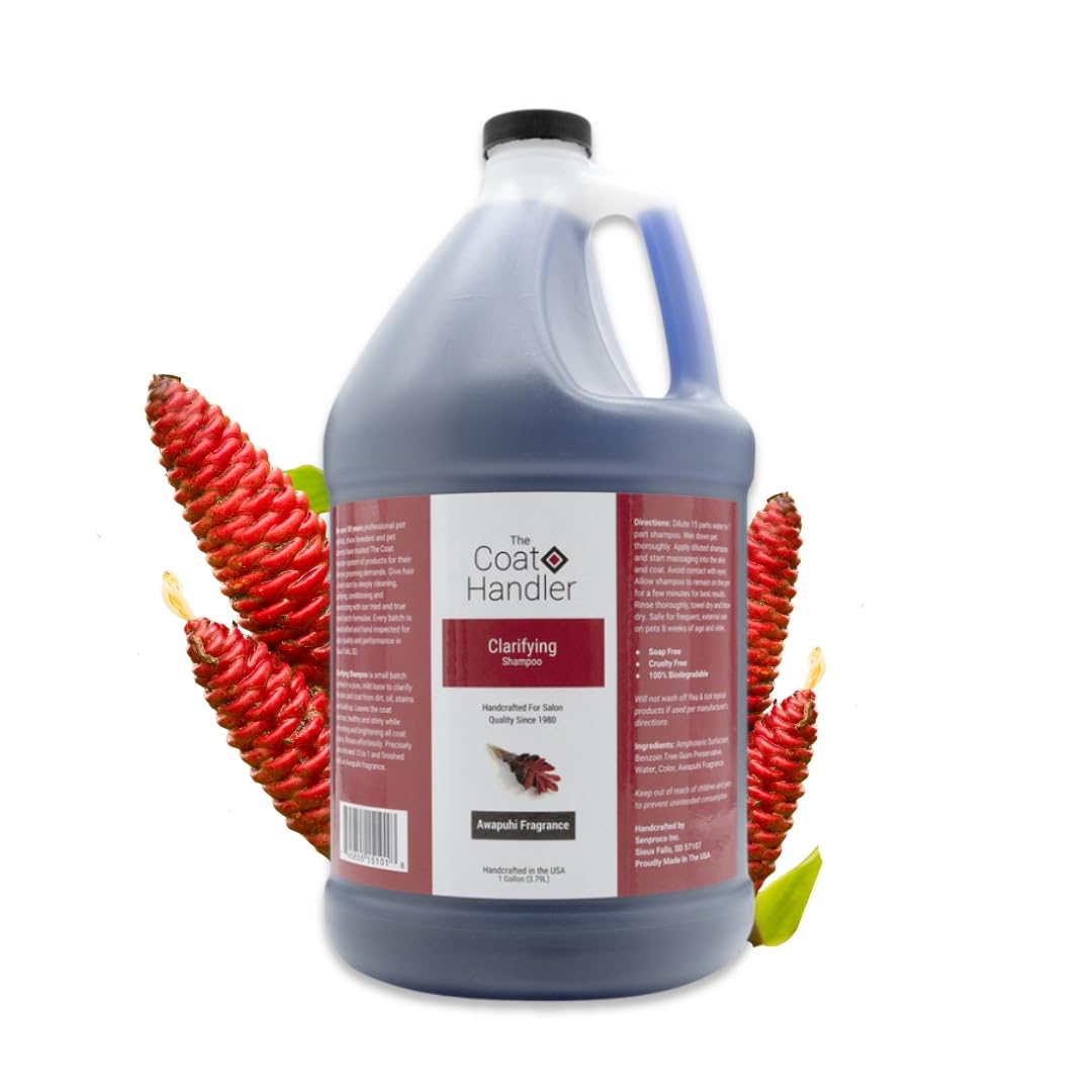 The Coat Handler Clarifying Dog Shampoo bottle highlighting all-natural formula and stain removal.
