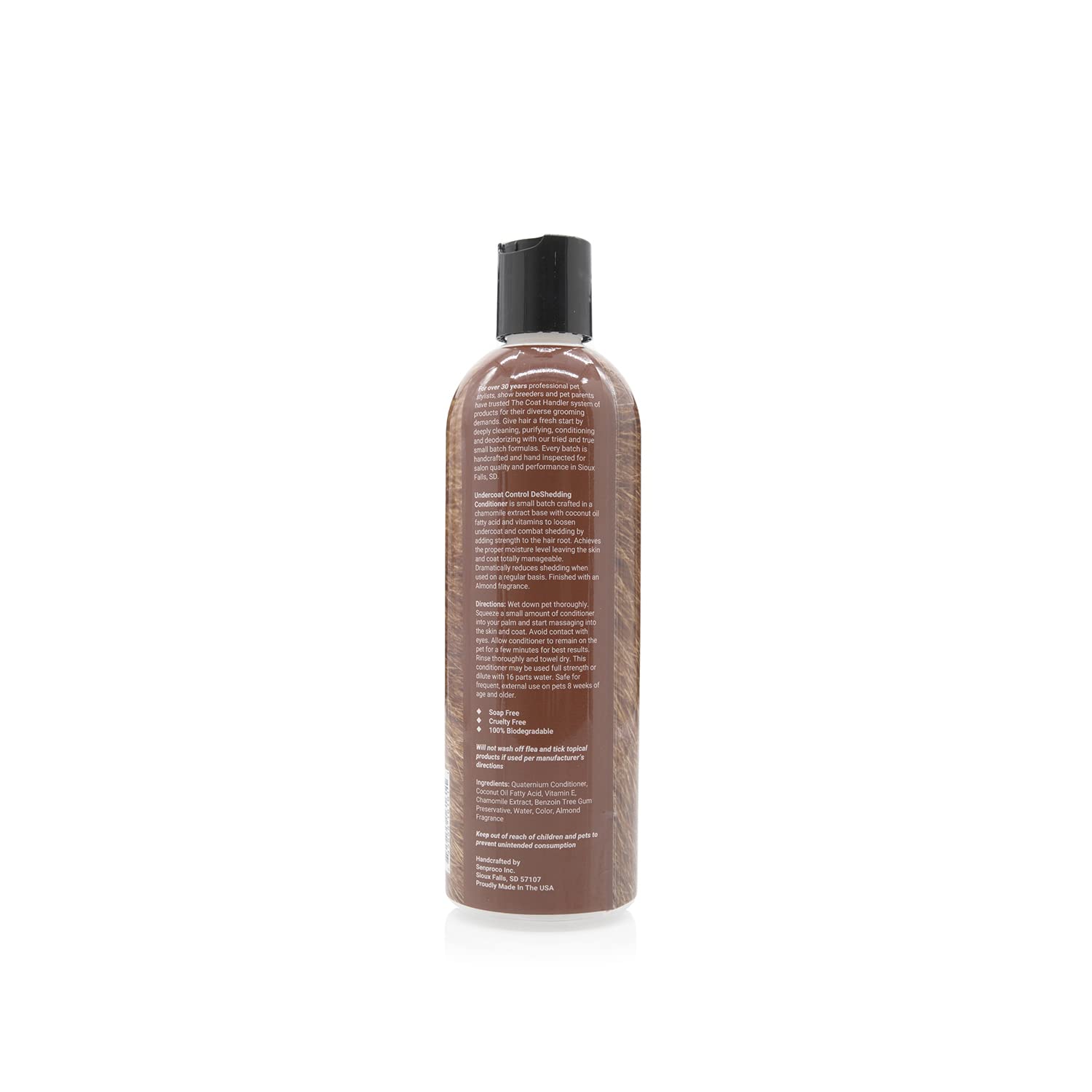 The Coat Handler Undercoat Control chamomile-base formula highlights soothing coat conditioning