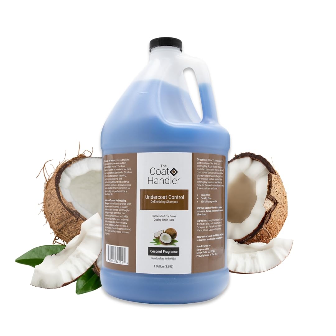 The Coat HandlerUndercoat Control shampoo bottle pour demonstrating easy application and shedding reduction for dogs.