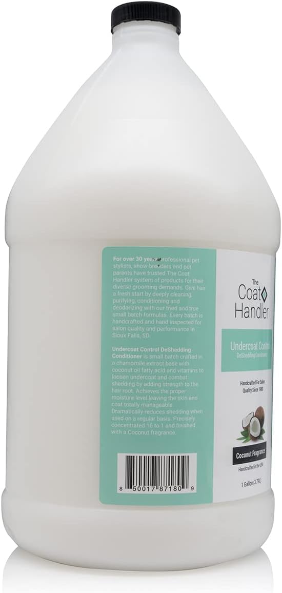 The Coat Handler Undercoat Control label closeup highlights coconut milk fragrance and conditioning benefits.