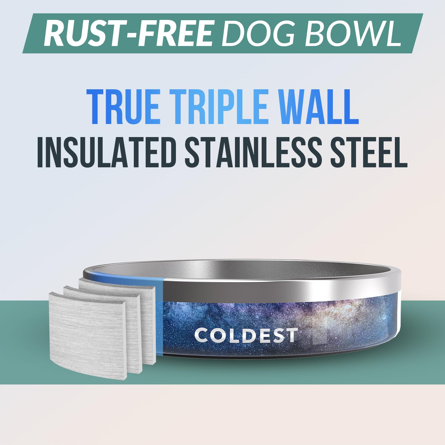 The Coldest Water insulated stainless steel bowl highlights triple-wall insulation for steady water temperature.
