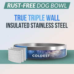 The Coldest Water insulated stainless steel bowl highlights triple-wall insulation for steady water temperature.