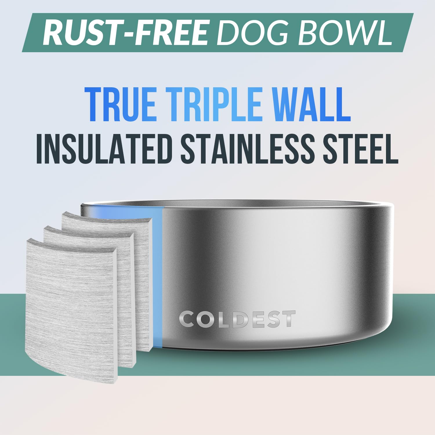 The Coldest Water triple-wall insulated bowl maintains temperature and minimizes condensation.