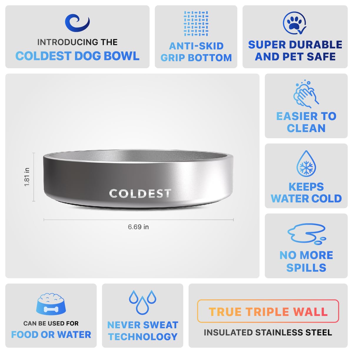 The Coldest Water rust-resistant stainless steel bowl for lasting use.