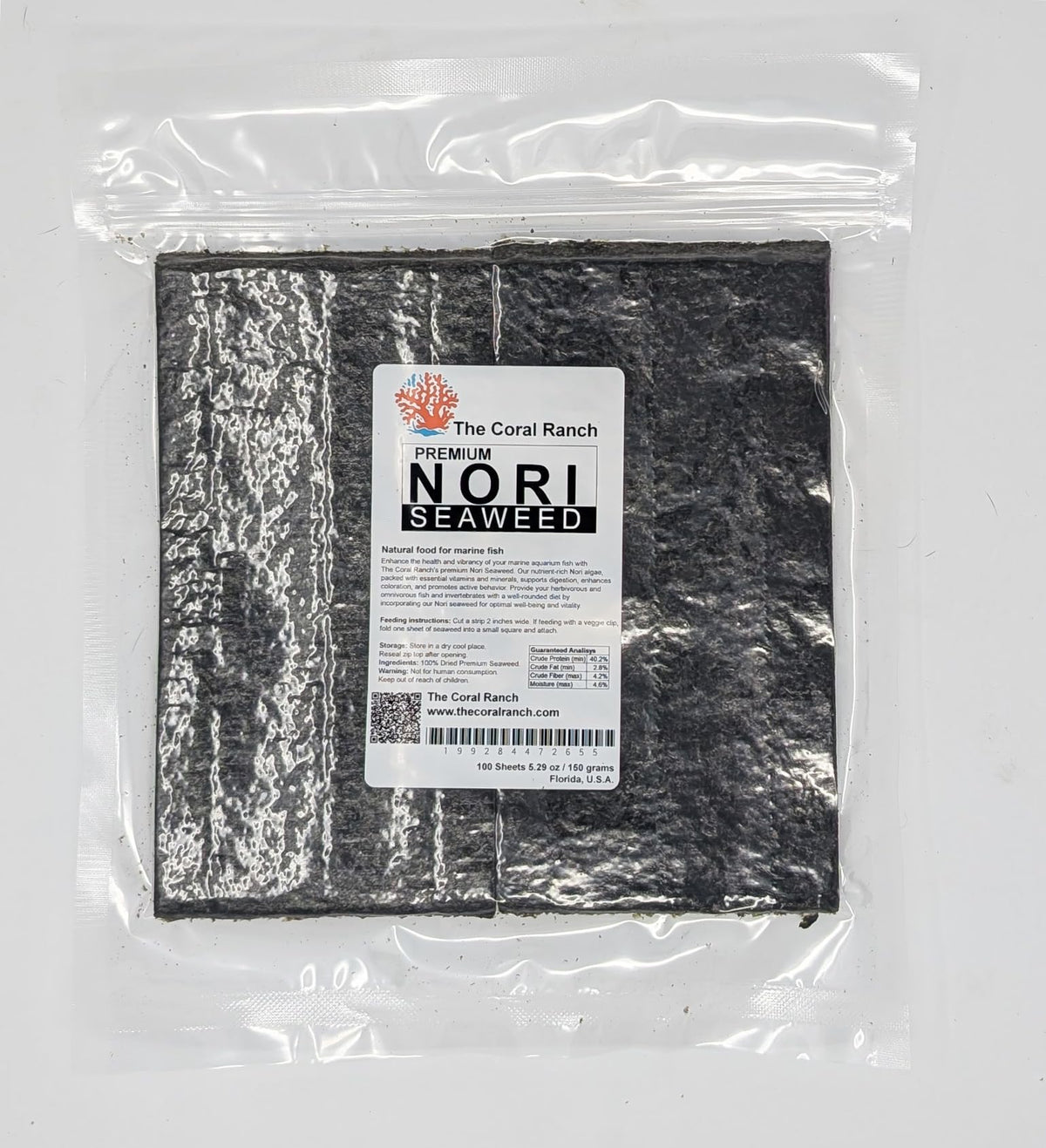 The Coral Ranch premium nori 4x8 pack front, easy grazing surface for reef fish.