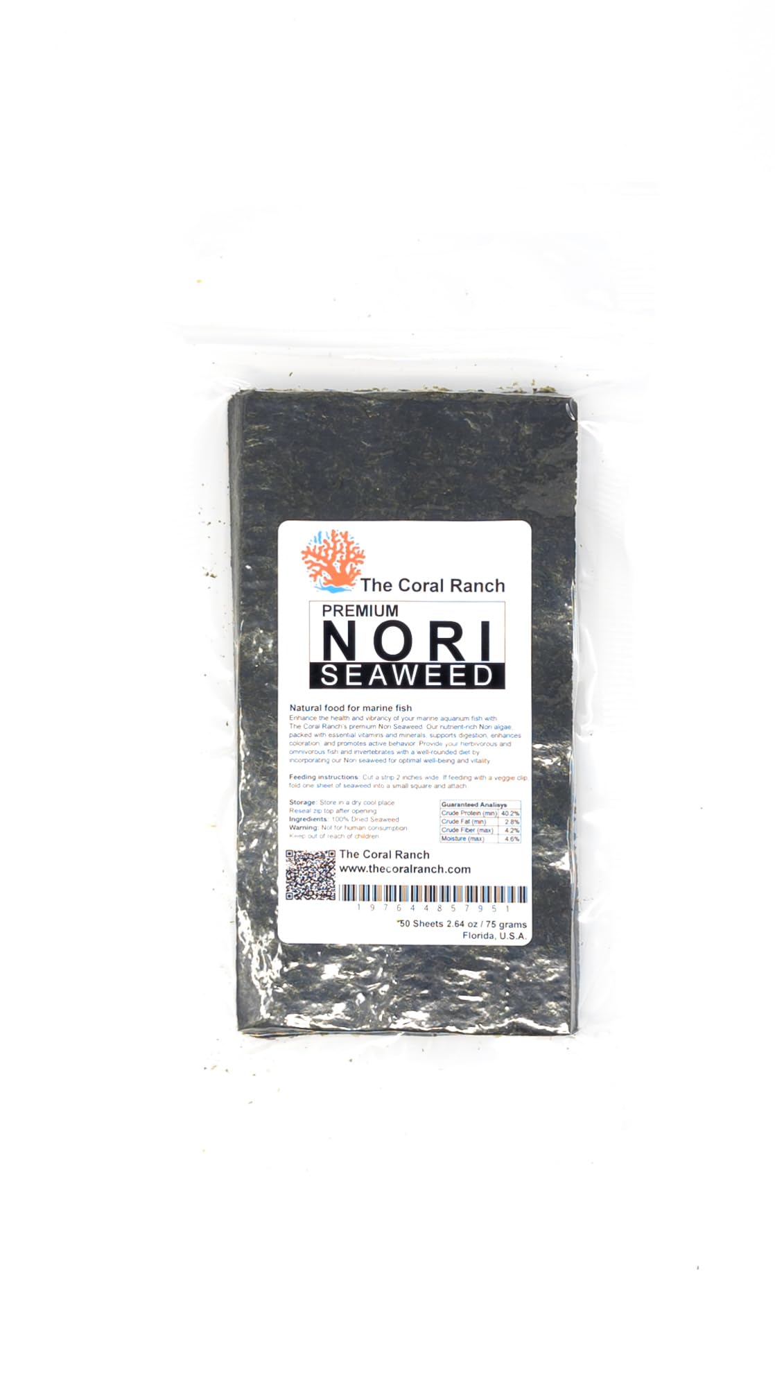 The Coral Ranch premium nori seaweed sheets in a 50-sheet pack for herbivorous fish.