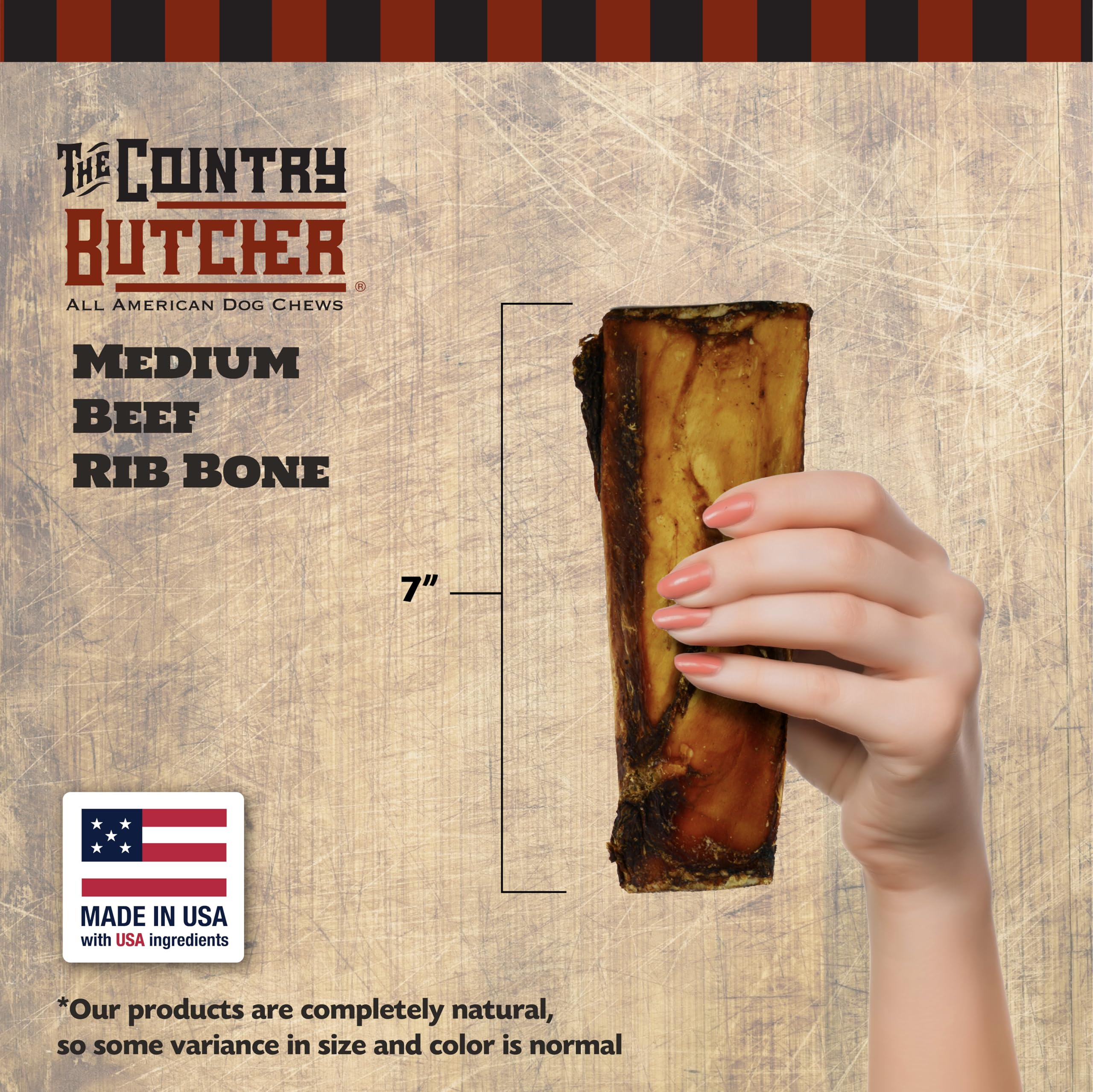The Country Butcher Rib Bones Medium emphasizes USA-made quality and natural ingredients.