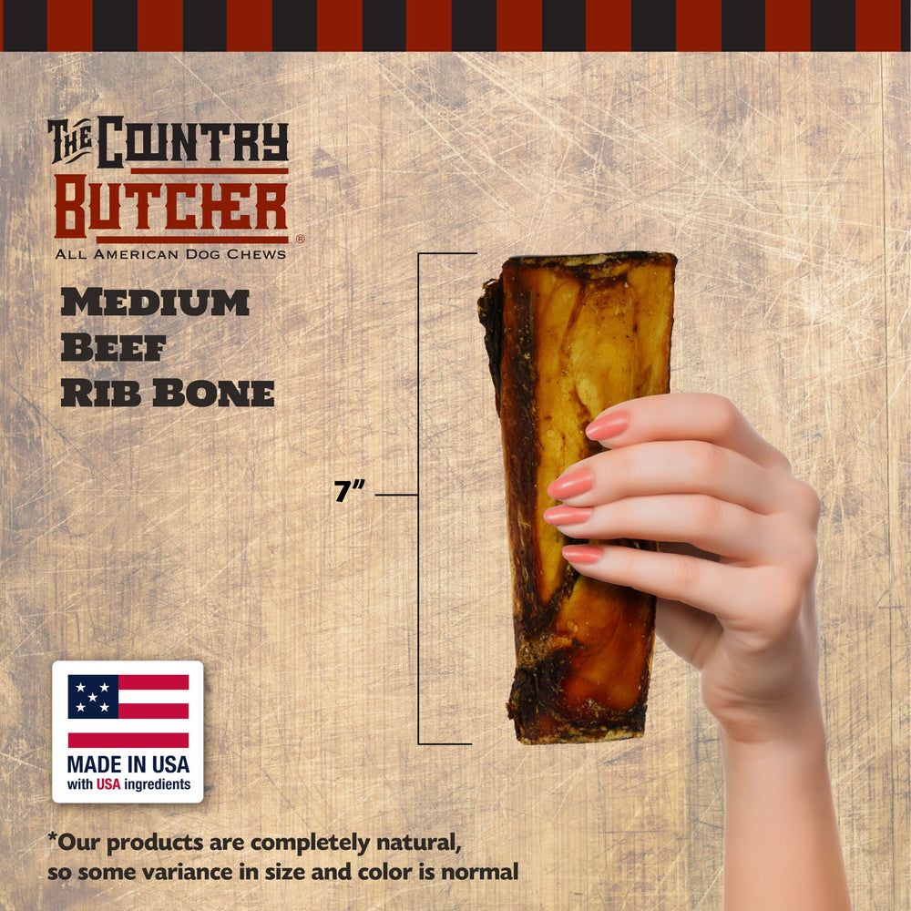 The Country Butcher Rib Bones Medium emphasizes USA-made quality and natural ingredients.