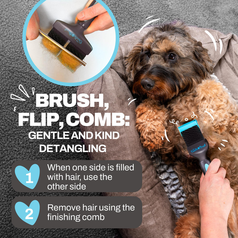 The Doodle Brush gliding through a dense coat for quick, smooth grooming