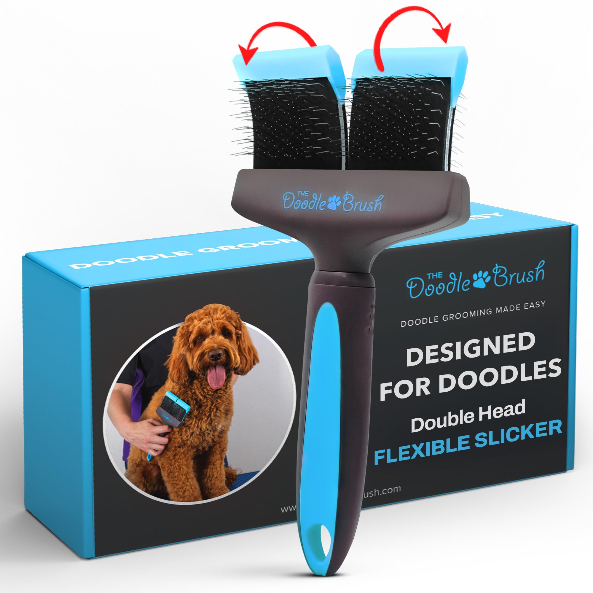 The Doodle Brush dual-head slicker for doodle coats improves grooming reach and detangling comfort.