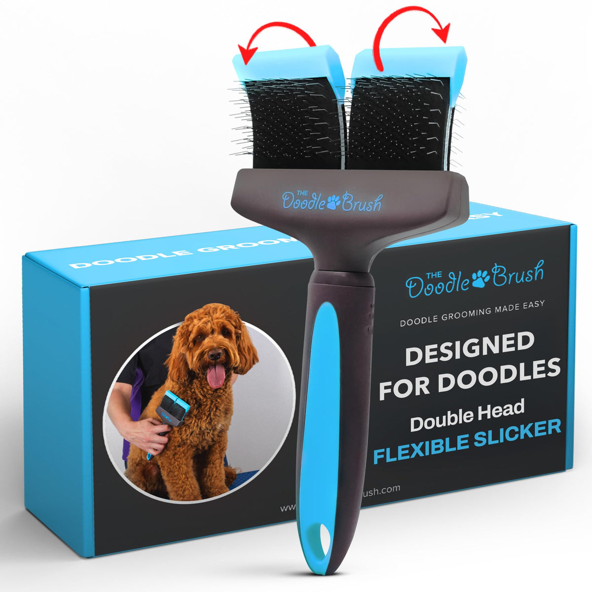 The Doodle Brush dual-head slicker for doodle coats improves grooming reach and detangling comfort.