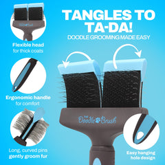 The Doodle Brush flexible-head grooming adapts to curves for gentle brushing.