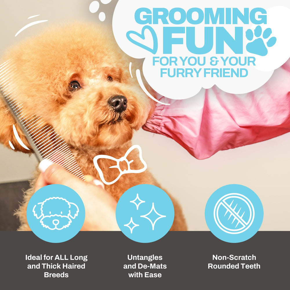 The Doodle Brush detangling comb tackles matting for a calmer grooming session.