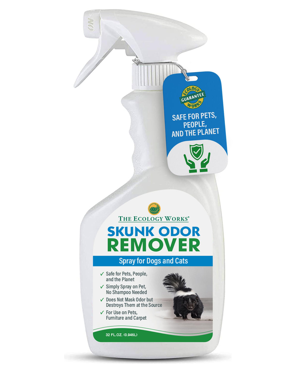 The Ecology Works Skunk Odor Remover bottle ready to spray on pets and fabrics
