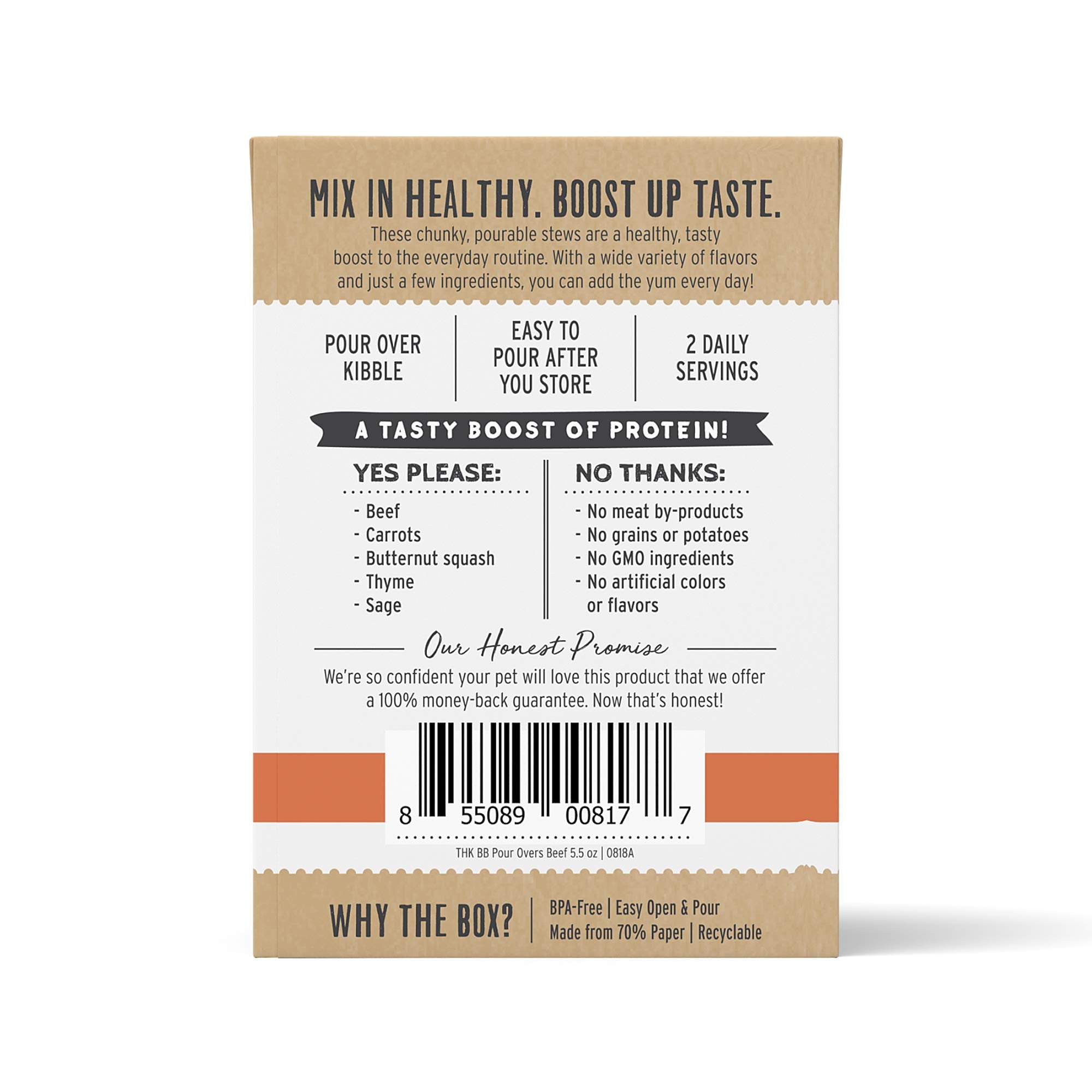 The Honest Kitchen Bone Broth Pour Overs Beef Stew is poured over meals for flavor and protein boost.